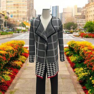 Venus B/W Plaid Houndstooth Open Front Cardigan Urban Chic Contemporary Layering